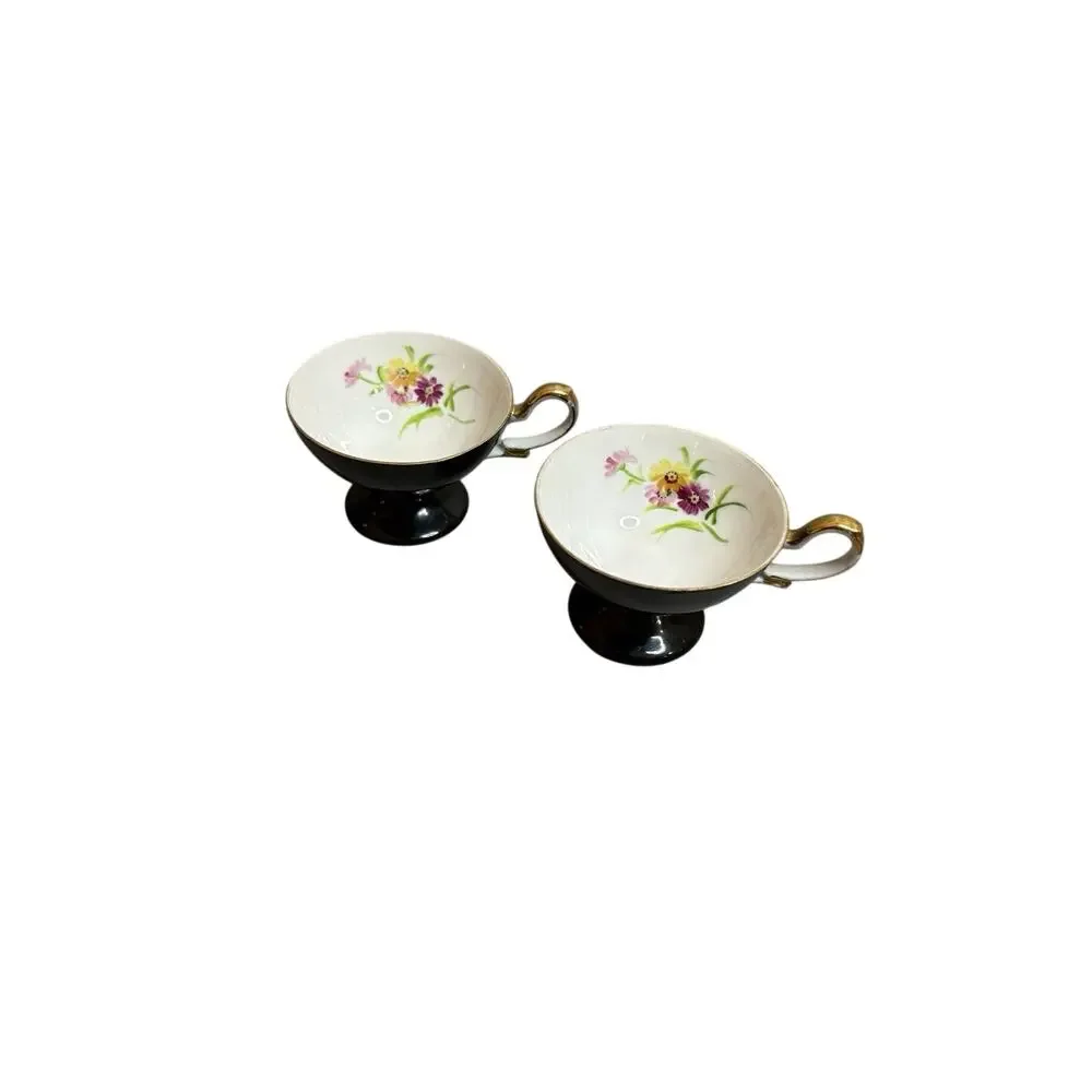 Unarco Occupied Japan Footed Tea Cups Pair Black Gold Floral Interior Vintage